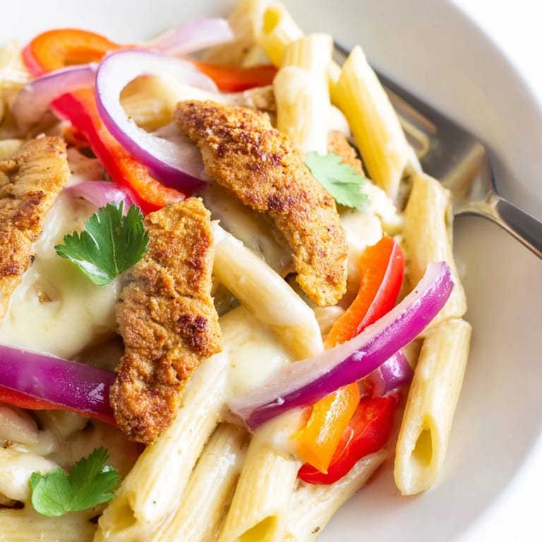 Sizzling Fajita Chicken Pasta skillet ready to serve, garnished with fresh cilantro and lime.