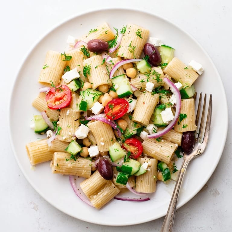 A refreshing, protein-packed Lemon Herb Chickpea Pasta Salad for a light summer lunch, garnished with crumbled feta and kalamata olives for a Mediterranean twist.  