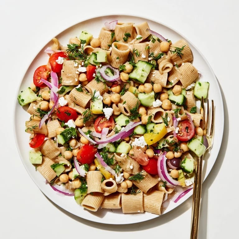 Close-up of Lemon Herb Chickpea Pasta Salad with glistening dressing, showing perfectly cooked chickpea pasta and vibrant dill, parsley, and mint for a fresh aroma.