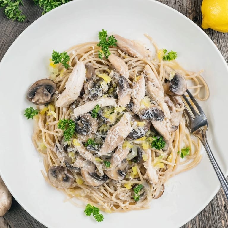 A close-up of Creamy Mushroom Chicken Spaghettini reveals golden chicken and sautéed mushrooms mingling with silky, Parmesan-laced sauce over twirled pasta.  