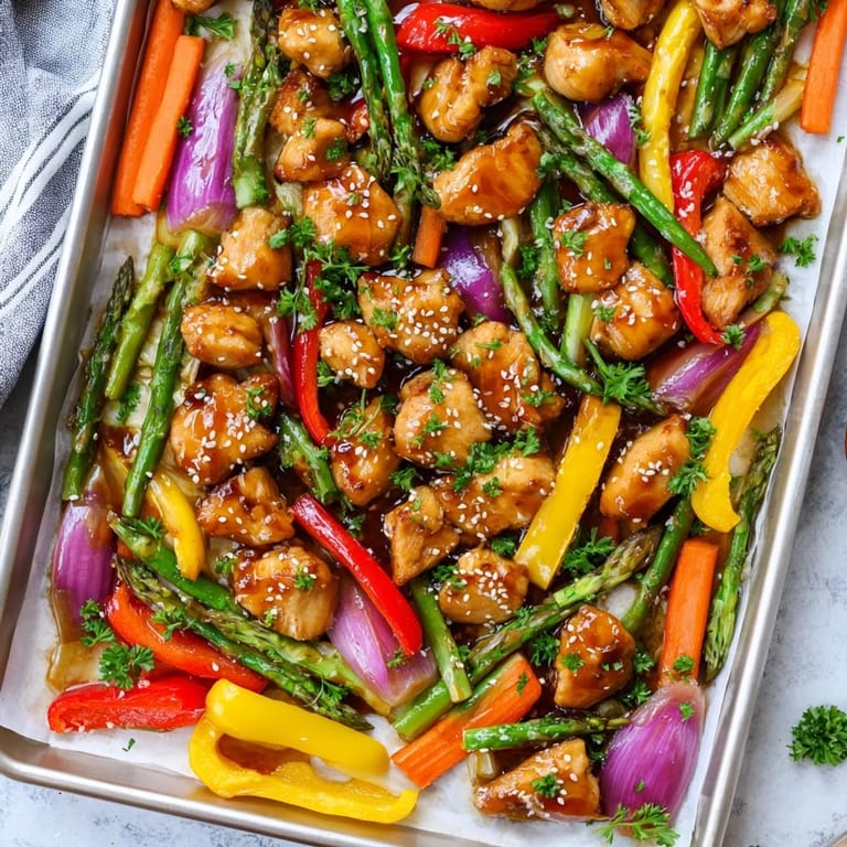 Freshly roasted Sheet Pan Honey Garlic Chicken with colorful bell peppers and asparagus, garnished with parsley and sesame seeds for a busy weeknight dinner.