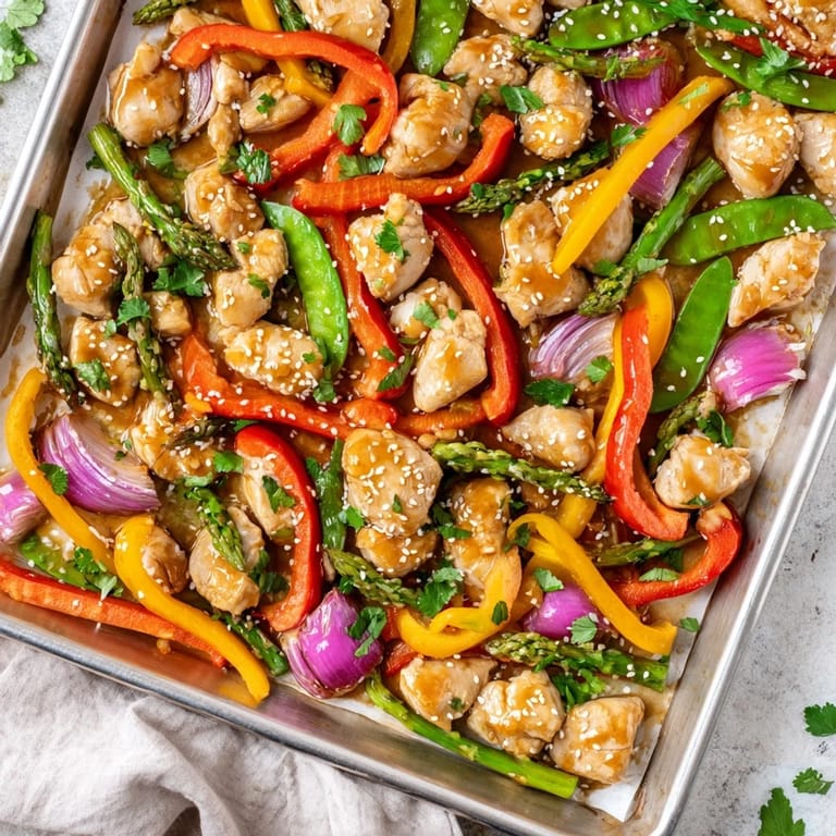 Close-up of tender Sheet Pan Honey Garlic Chicken and caramelized vegetables on a baking sheet, highlighting the glossy sauce and fresh herbs.