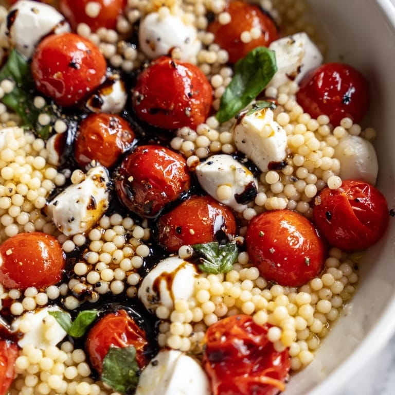 Caprese Couscous Salad with vibrant red tomatoes, pearl couscous, and mozzarella, finished with a glossy balsamic glaze for a Mediterranean-inspired side dish.