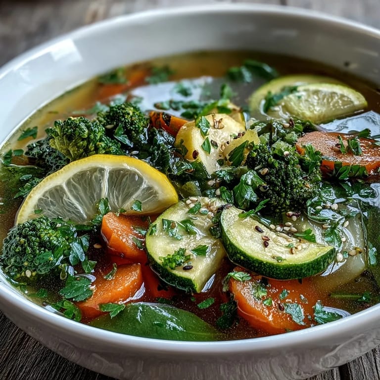 Healthy Collagen-Boosting Broth Bowl with zucchini and spinach in rich golden turmeric broth.