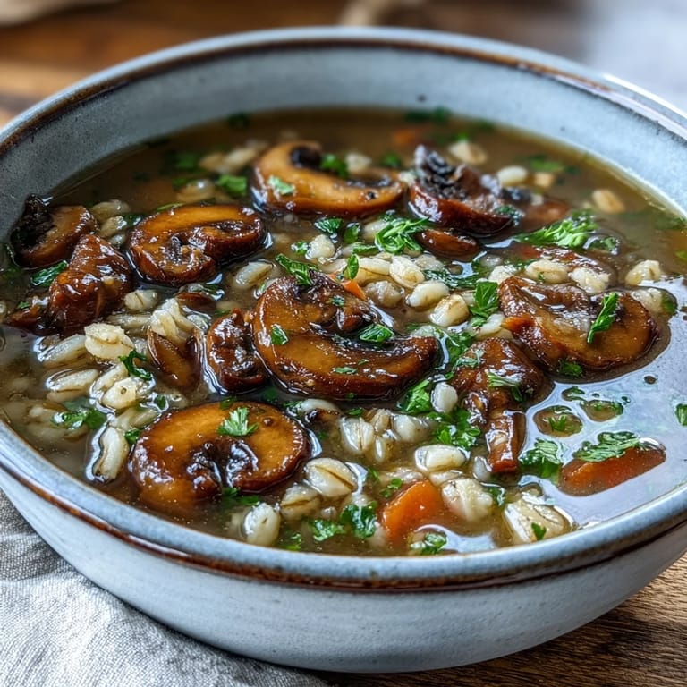 Close-up of homemade Mushroom and Barley Soup with carrots, celery, and thyme, served warm in a ceramic mug for cozy comfort.