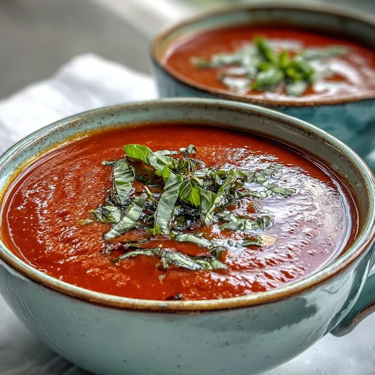 Vibrant red tomato and basil soup in a rustic bowl, ready to enjoy as a vegetarian meal.