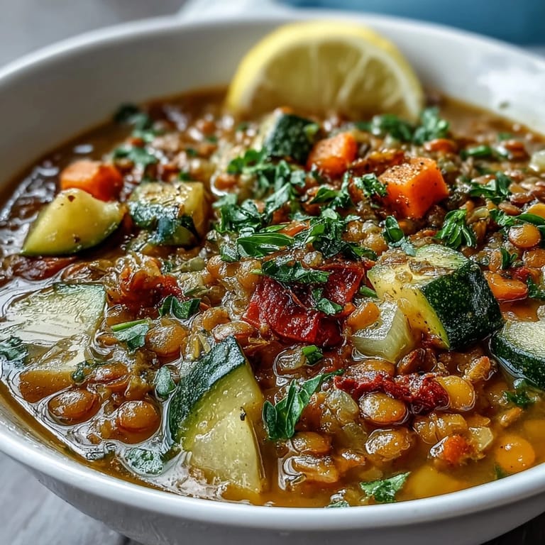 Ladle of warm lentil and vegetable soup in a rustic pot, showcasing colorful seasonal vegetables and fresh parsley garnish.