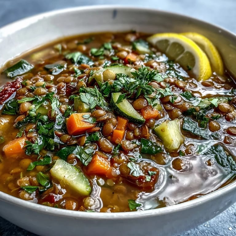 Colorful lentil and vegetable soup simmering in a pot, with vibrant red bell pepper, spinach, and aromatic spices visible.