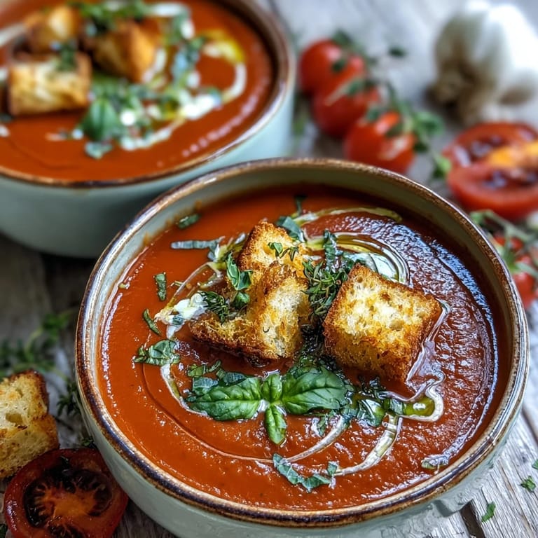 Homemade roasted tomato soup topped with crunchy croutons, ideal for a cozy U.S. dinner.