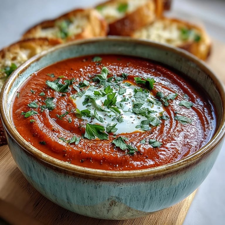 Served hot, Roasted Red Pepper Soup features a silky, smooth texture and a garnish of fresh cilantro.