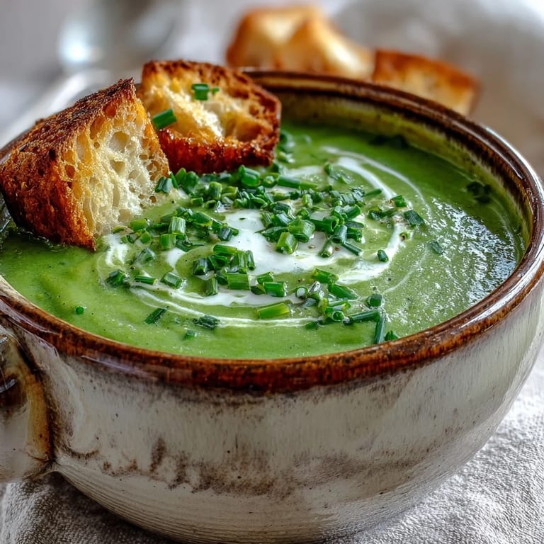 Velvety creamy broccoli soup topped with chopped chives in a rustic bowl.  
