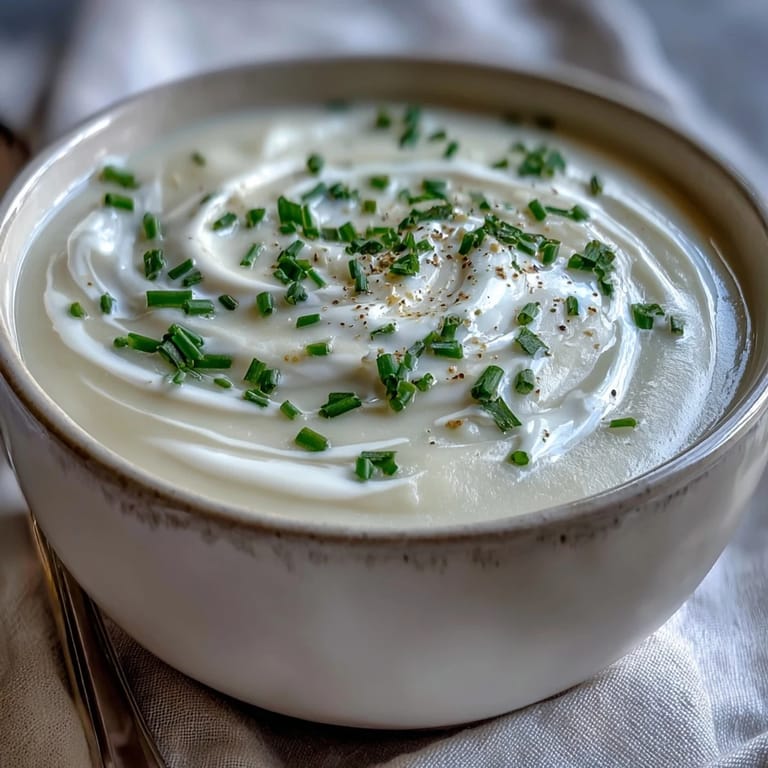 A bowl of celery root bisque with a drizzle of truffle oil, microgreens, and rustic bread on the side.