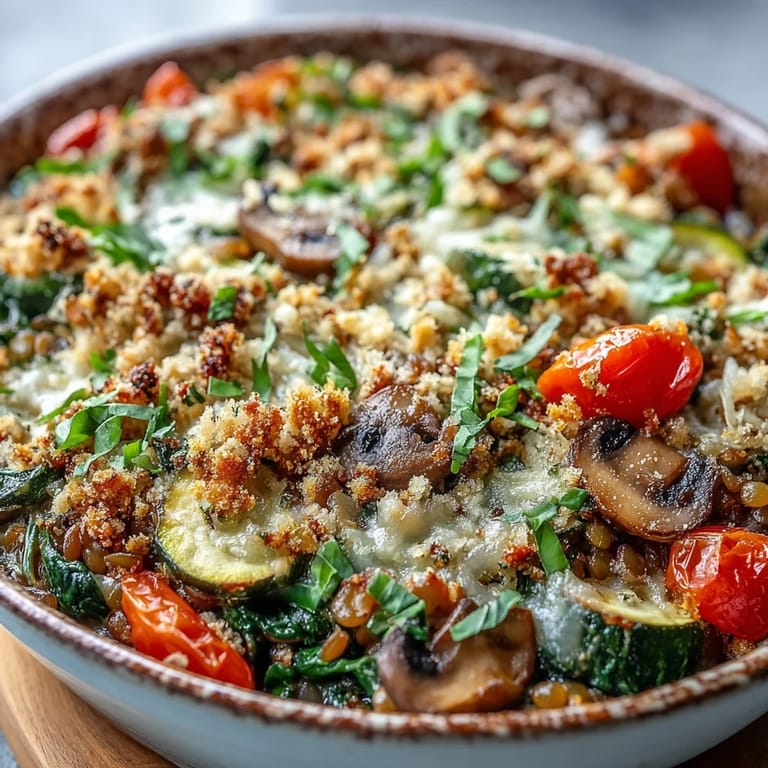 Green Lentil and Vegetable Casserole served warm with a fresh side salad and crusty bread.