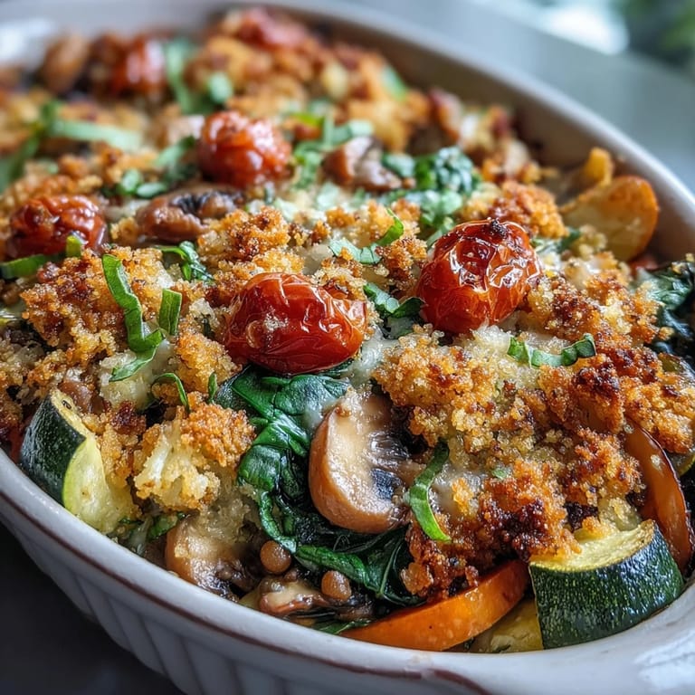 A close-up of bubbling Green Lentil and Vegetable Casserole with carrots, zucchini, and spinach.