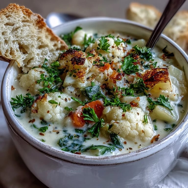 Steaming Vegetarian Cauliflower Chowder is poured from a pot into a rustic white bowl.