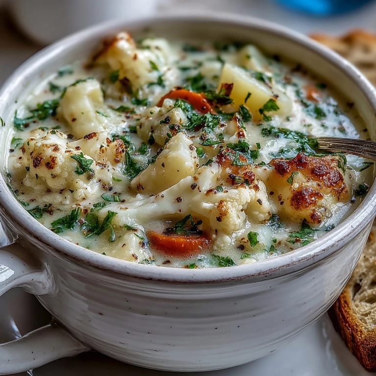 A spoon lifts a creamy serving of Vegetarian Cauliflower Chowder topped with fresh chives.