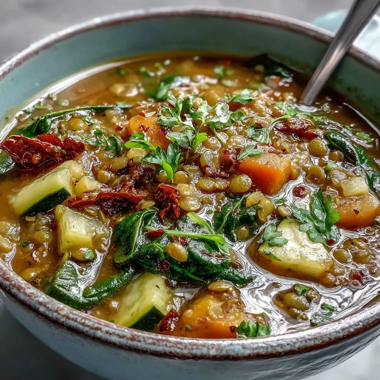Lentil Soup simmering in a rustic pot with colorful carrots and celery visible.