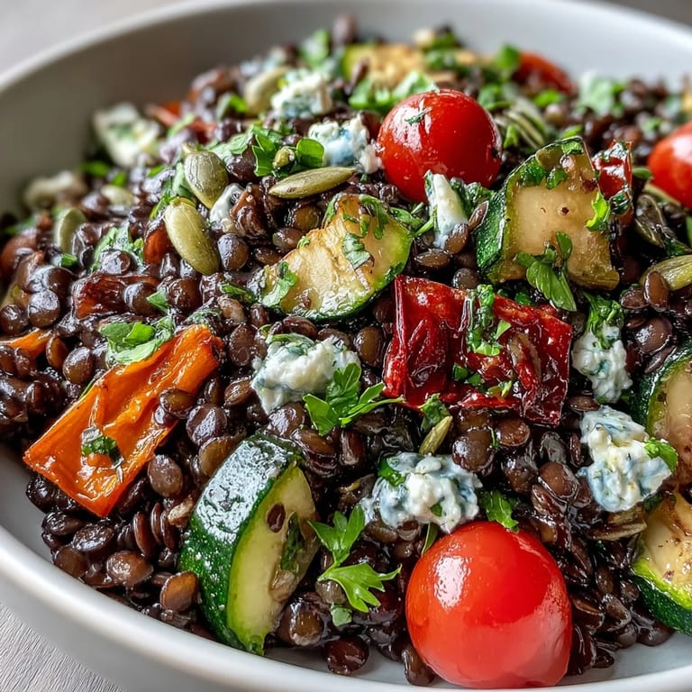 Black lentil salad with roasted bell peppers, zucchini, and carrots in a bright white bowl.