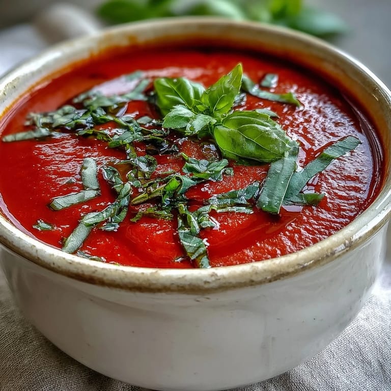 Rich Tomato and Basil Soup served steaming hot, garnished with fresh basil and rustic bread.
