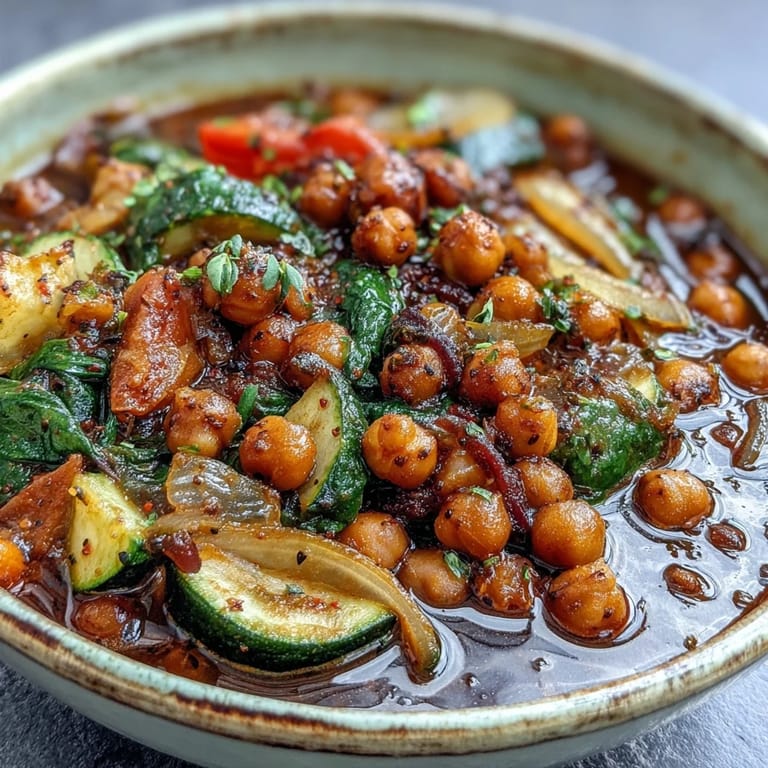 A hearty bowl of Chickpea Stew garnished with fresh parsley and lemon wedges, steaming warmly. Vibrant vegetables like carrots, spinach, and red bell pepper are visible in the rich tomato broth. Perfect for a wholesome vegan dinner or meal prep lunch.