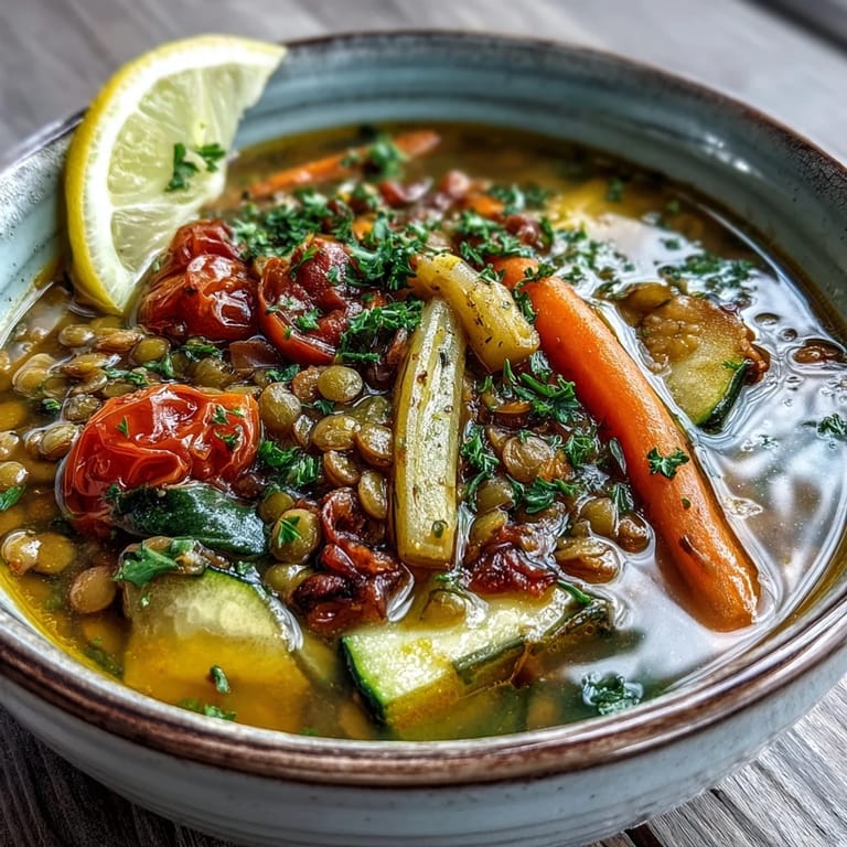 Steaming bowl of homemade Lentil and Vegetable Soup garnished with fresh parsley, served with crusty bread.