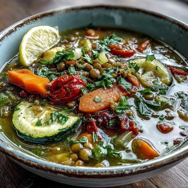 Rustic pot of hearty Lentil and Vegetable Soup with roasted carrots, celery, and bell peppers in rich broth.