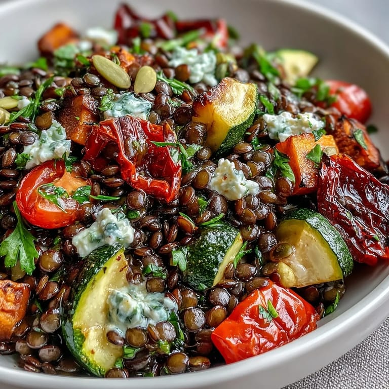A fresh close-up of the Mediterranean vegetarian salad topped with crumbled feta and pumpkin seeds.