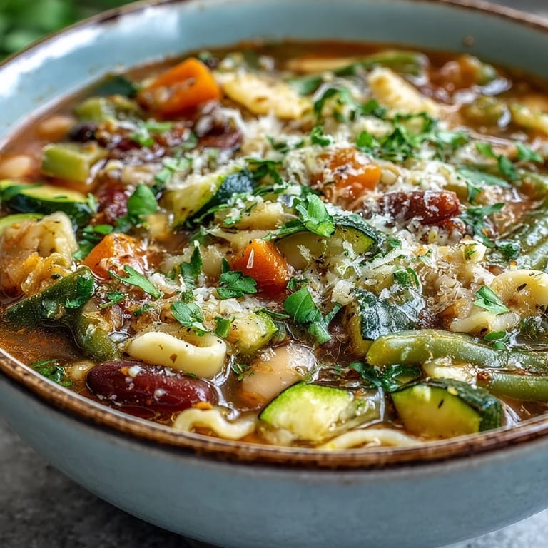Steaming Minestrone Vegetable Soup with colorful vegetables like zucchini, carrots, and green beans in a rustic Italian pot.