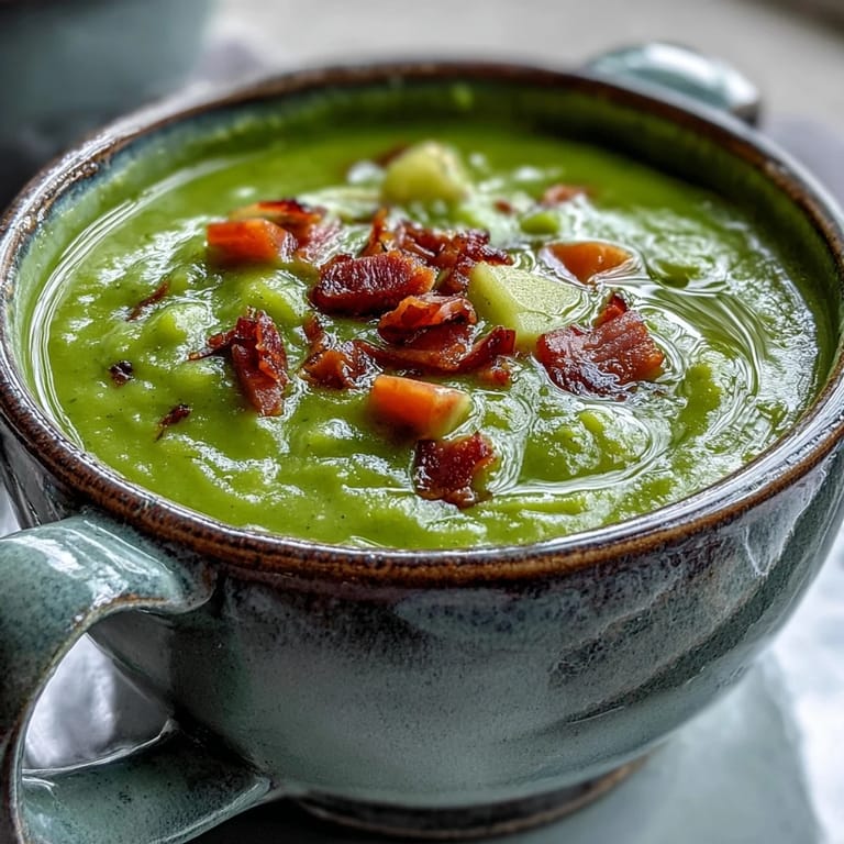 A rustic pot of split pea soup simmering, featuring tender carrots and celery in a thick, smoky broth.