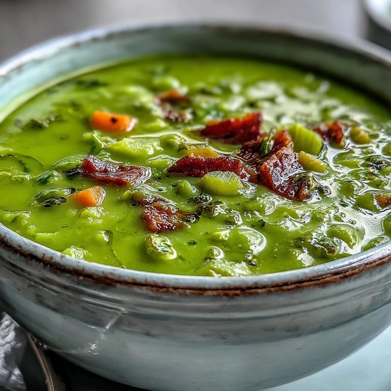 Hearty split pea soup served with crusty bread on the side, perfect for a cozy and satisfying lunch.