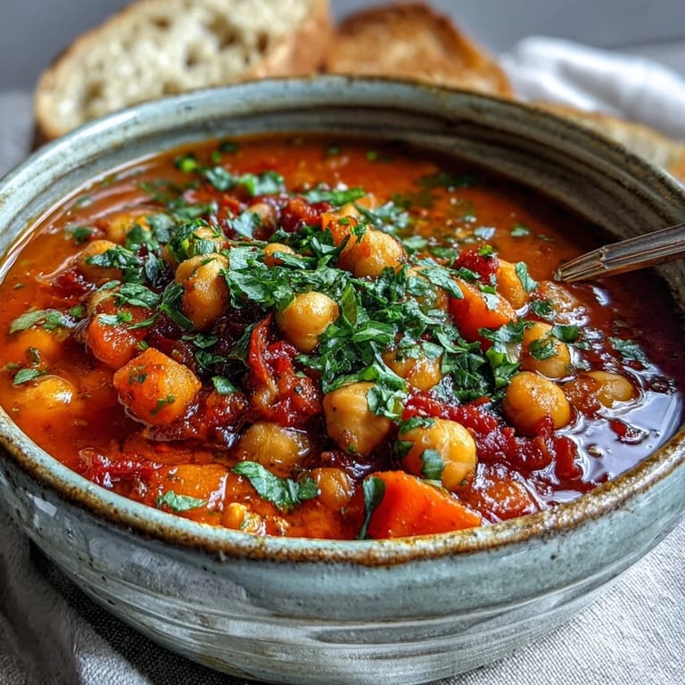 Close-up of creamy Spicy Chickpea Stew with a spoon resting on the side.