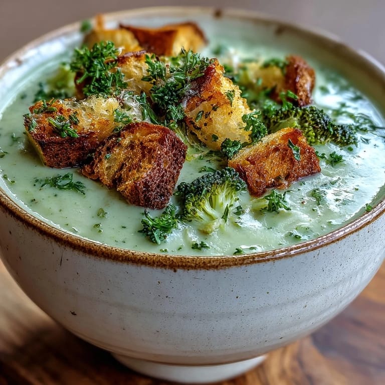 Vibrant green broccoli and tender cauliflower florets blended into a smooth, comforting soup, garnished with parsley and grated Parmesan cheese.