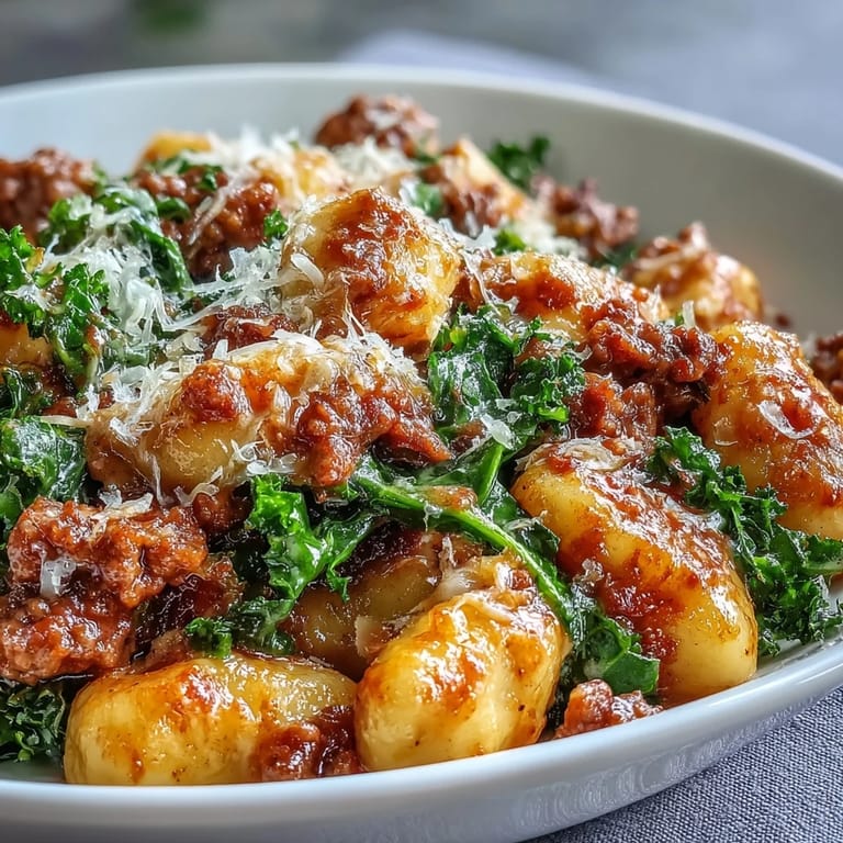 Steaming Sausage Gnocchi with Kale served in a shallow bowl, showing plump dumplings coated in spicy sausage sauce and wilted greens.