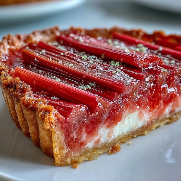 Perfectly set white chocolate and elderflower custard tart topped with tangy roasted rhubarb stalks.