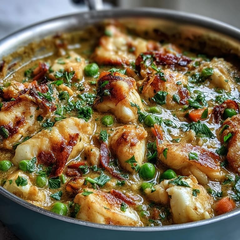 A comforting serving of Curried Fish Pie on a rustic plate, paired with a green salad and a glass of crisp white wine.