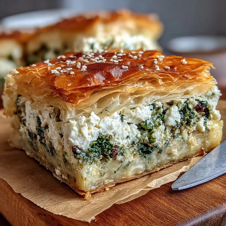 A single wedge of Feta and Kale Börek shows off its rich feta and kale filling on a rustic wooden table.