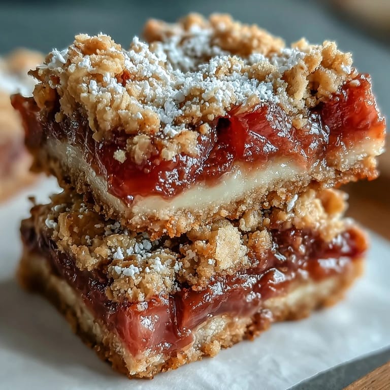 Stack of golden crumble-topped Rhubarb and Custard Crumble Bars, served on a rustic plate for a delicious springtime dessert.
