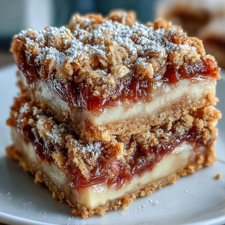 Freshly baked Rhubarb and Custard Crumble Bars cooling on a tray, featuring a buttery shortbread base and crumbly oat topping.