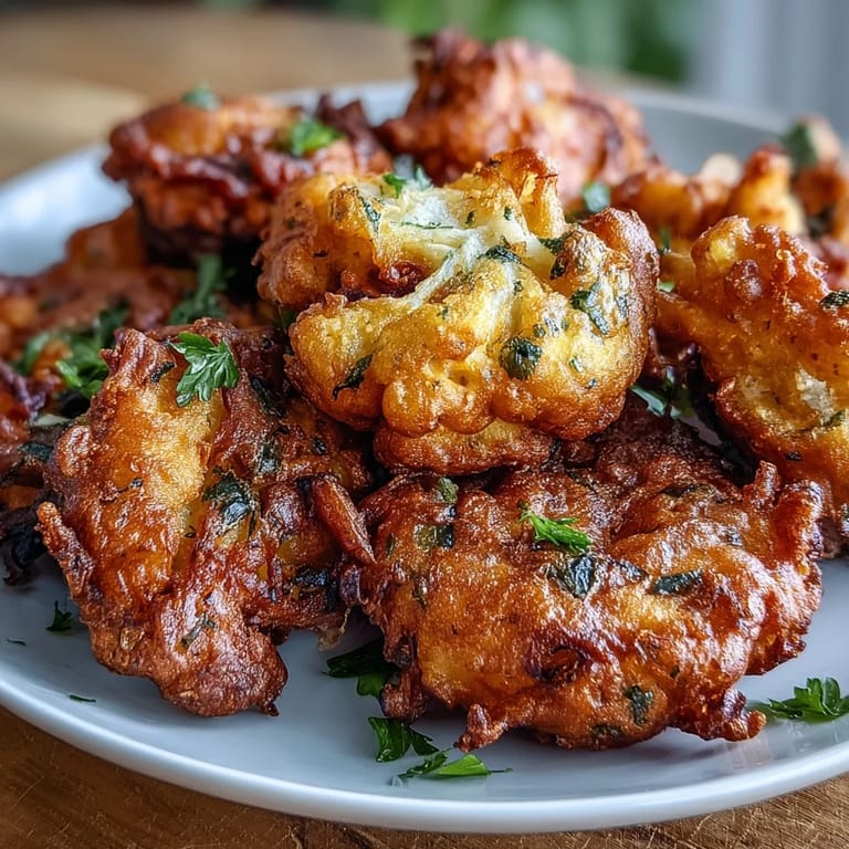 A close-up shows spiced cauliflower bhajis resting on a napkin next to a vibrant green chutney.