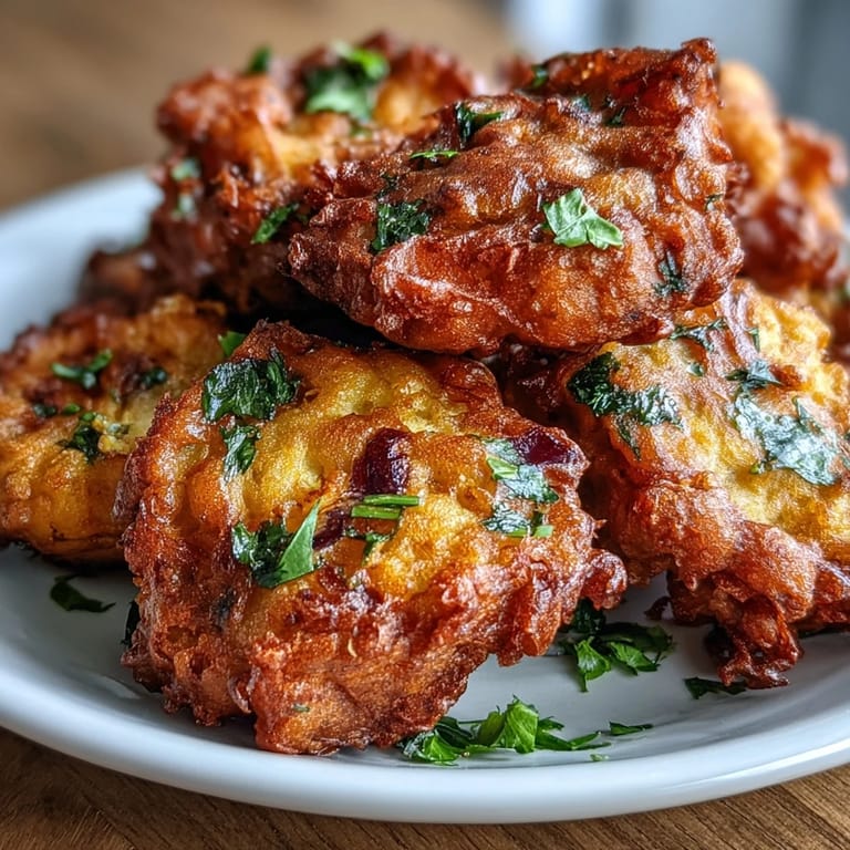 Homemade Cauliflower Bhajis are served hot from the fryer, showcasing their crunchy, golden-brown coating.