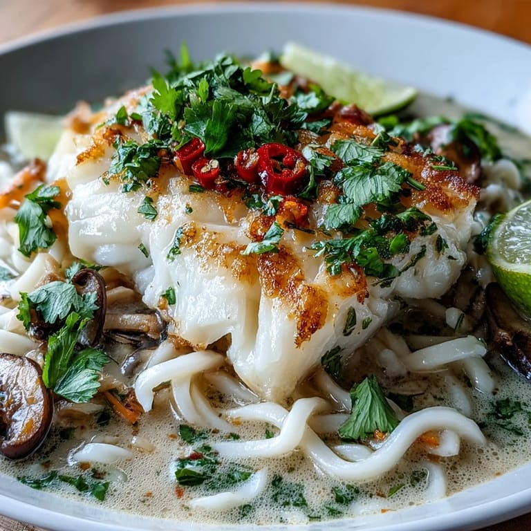 Bright turmeric-hued broth with tender cod, shiitake mushrooms, and udon noodles, finished with fresh cilantro.