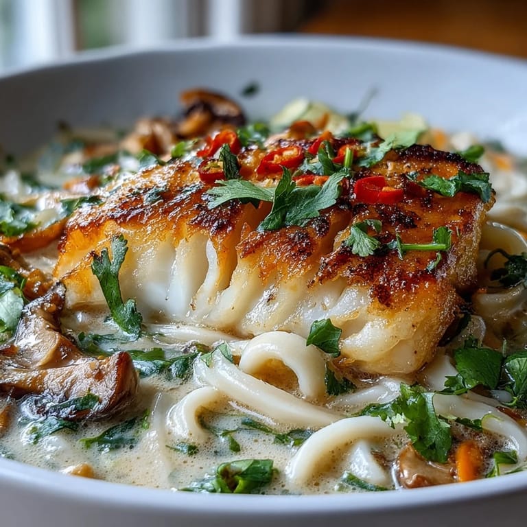 Flaky poached cod and udon noodles in a steaming coconut curry broth, topped with scallions and chili.