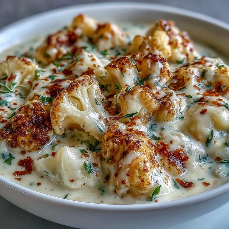 Ladle of Vegetarian Cauliflower Chowder with tender cauliflower, potatoes, and carrots beside crusty bread for dipping.