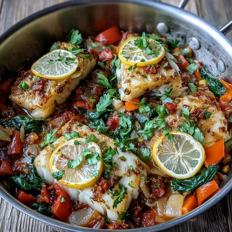 A finished Spiced Cod One Pot garnished with fresh cilantro and lemon wedges, ready to be served over fluffy rice.
