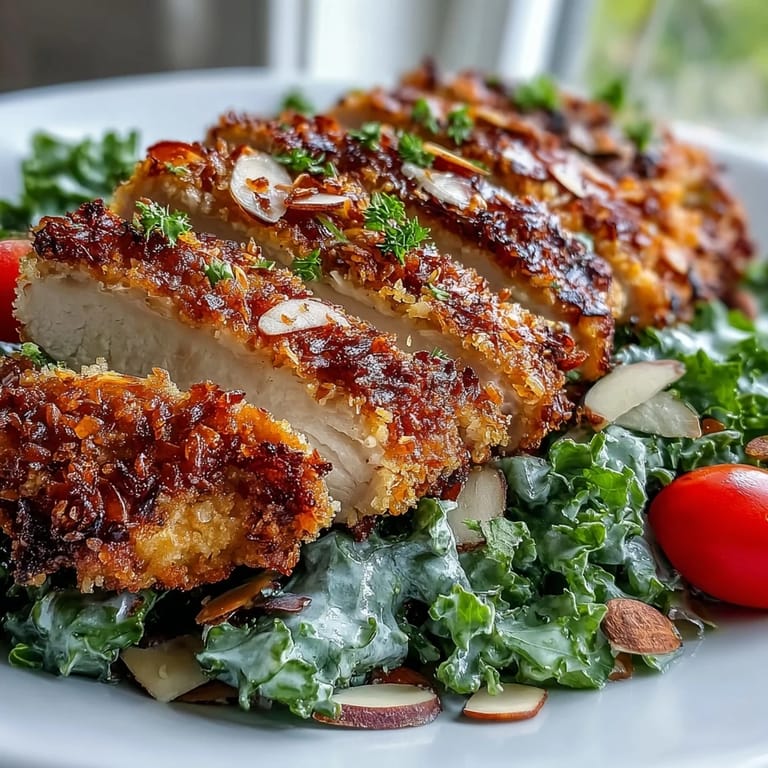 Freshly baked almond-crusted chicken cutlets plated with marinated kale and sumac salad, garnished with tomatoes and onions for a wholesome meal.