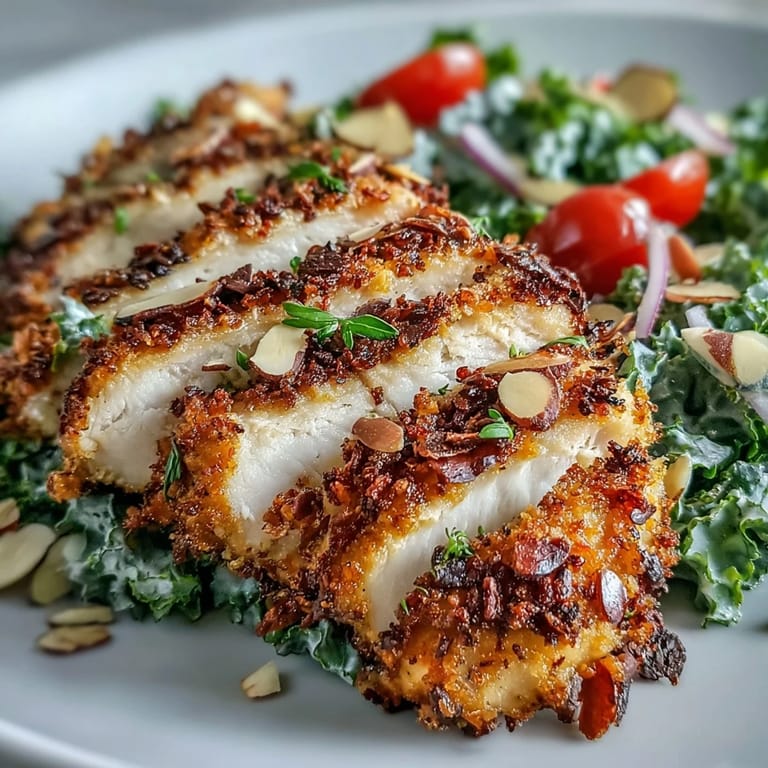 Fried almond-crusted chicken thighs served alongside a fresh kale salad with sumac, parsley, and toasted slivered almonds for a gluten-free dinner.
