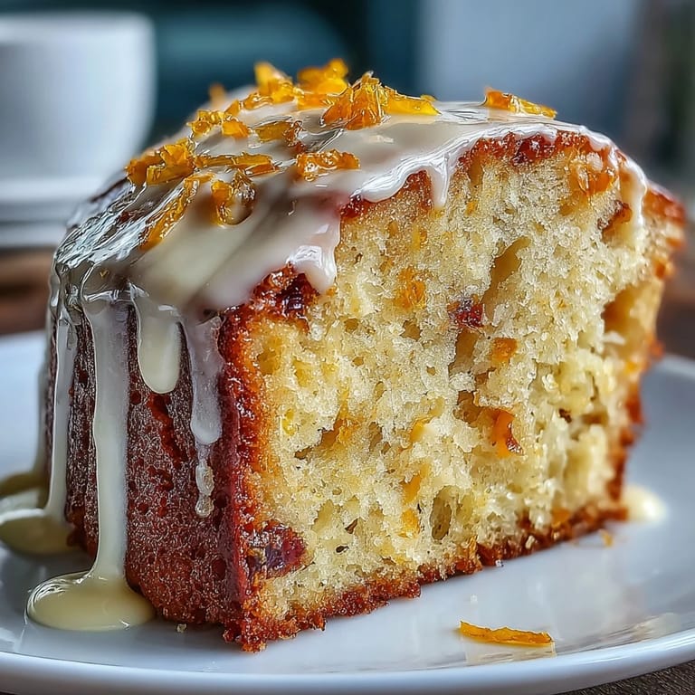 Moist slice of Heavenly Blood Orange Yogurt Cake on a plate, drizzled with sweet citrus icing and served next to fresh orange segments and a cup of tea.
