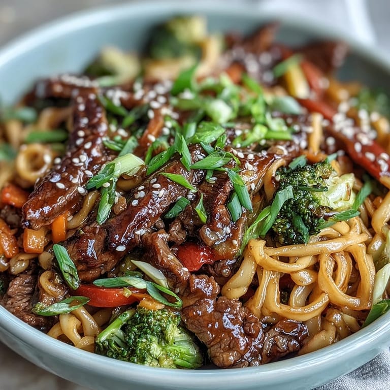 A sizzling skillet of Korean Beef Noodles with flank steak and colorful vegetables ready to serve.