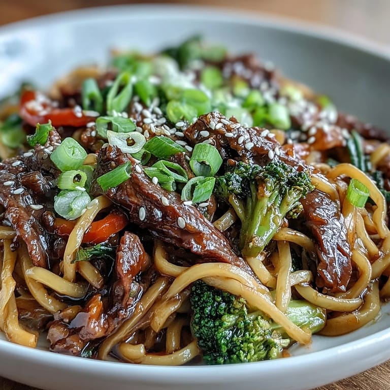 Close-up of Korean Beef Noodles featuring silky rice noodles coated in glossy soy sauce.