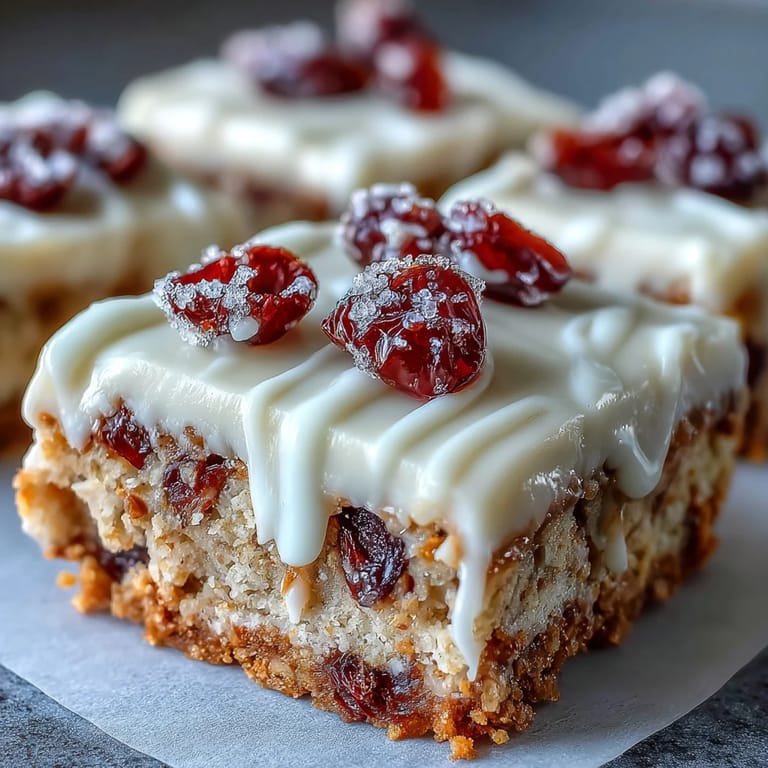 Freshly baked Cranberry Bliss Bars garnished with cranberries, paired with milk and a festive napkin.